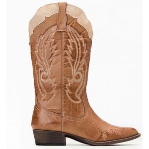 Cisco Tan Western Cowboy Boots Women 6M Tall Pointed Toe Embroidered Pull On